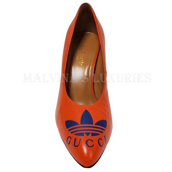 GUCCI SHOES ADIDAS X TREFOIL ORANGE LEATHER PUMPS w LOGO sz 37 / 7 - Picture 9 of 16